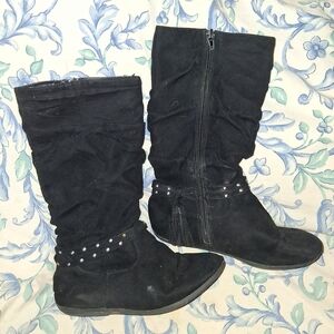 Black Girls' Mid-Calf Tassel Boots with Studded Strap